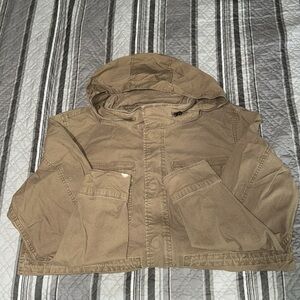 OLD NAVY MEN’S TAN UTILITY CARGO ZIP & BUTTON COAT JACKET W/ HIDDEN HOOD